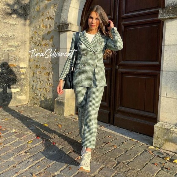 BLOGGER'S FAVE! Zara Tweed Flared Pants White/Green Sz M NWT - Picture 3 of 14